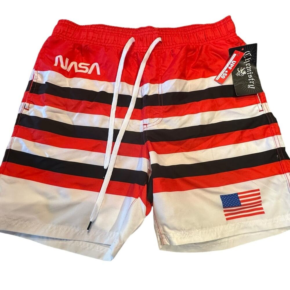 Chemistry Mens Size Medium NASA Red White and Blue Swim Trunks NWT